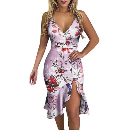 Womens Summer Dresses Women V-Neck Sleeveless Ruffle Low-cut Flower Printing Slit Sling Dress 2022 Dresses for Women 2564
