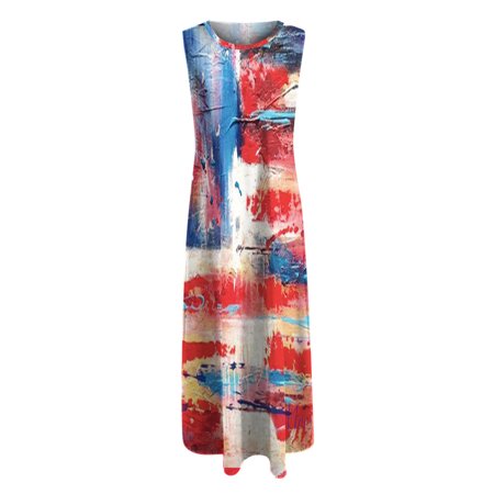 Womens Crew Neck American Flag Maxi Dress 2022 Independence Day Printed Sleeveless Casual Loose Summer Tank Dress 4th of July Long Dress USA 1128