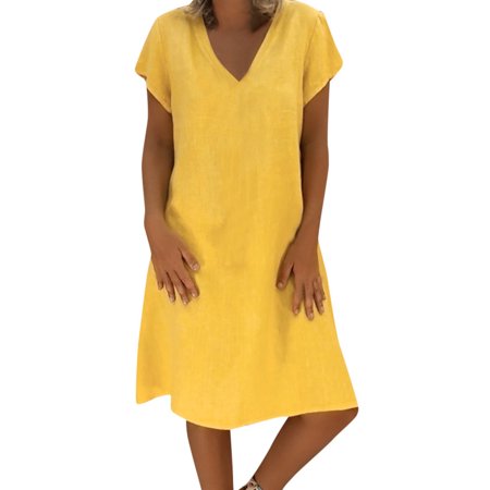 Womens Dresses 2022  Spring Summer Fashion Women Loose V-Neck Summer Solid Short Sleeve Cotton and Linen Dress Dress for Teens 0700