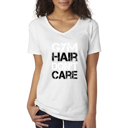 True Way 1455 - Women S V-Neck T-Shirt Gym Hair Don T Care Workout Exercise Fitness Health Medium White