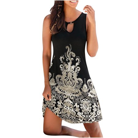 Womens Summer Dresses Women S Fashion Vintage O-Neck Sleeveless Flower Printed Round Button Dresses 2022 Dresses for Women 0255