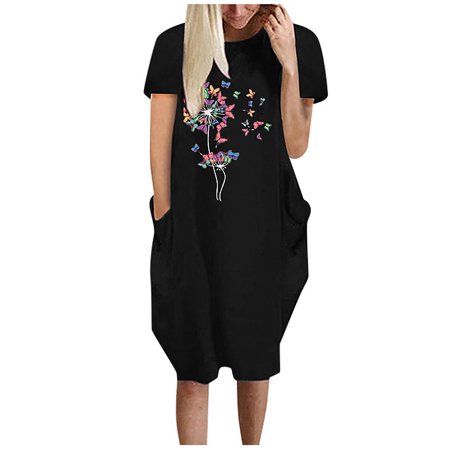 Womens Summer Dresses Casual Women S Summer Fashion Floral Print Casual Short Sleeve with Pocket Round Neck Loose Dress Cute Sundresses for Women 0049