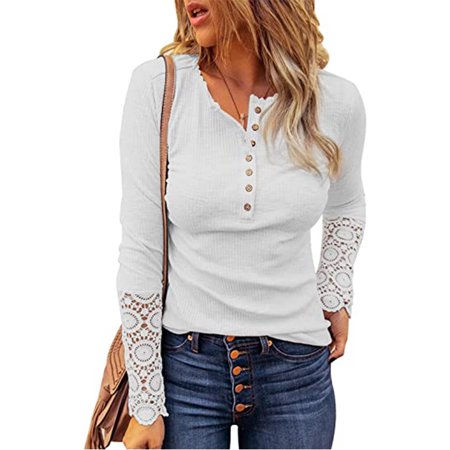 Women S New Round Neck Stitching Lace Sleeve Loose Solid Color Long-sleeved T-shirt OLRIK 9980#