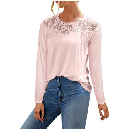 Womens Solid Lace Long Sleeve Lace Patchword O Neck T-Shirt Blouse Summer Sexy Workout T-Shirts Ladies Going Out Party Prom Tshirts A526-9335