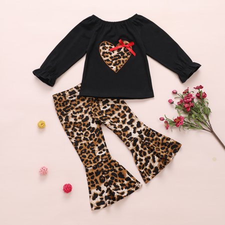 LA HIEBLA Baby Leopard Print Clothes Set  Girls Long Puff Sleeve Love Heart Tops + Elastic Waist Flared Trousers for Spring  Fall