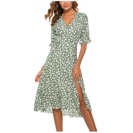 Dresses for Women 2022  Summer Fashion Women Summer Casual Print Dress V-Neck Short Sleeve Loose Dress Teens Dress 0708