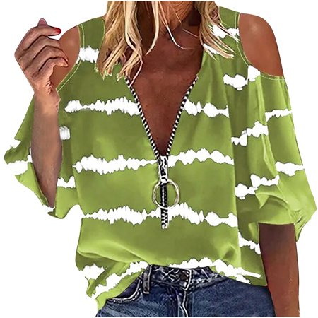 Onlywo Shirts for Women Trendy Casual  Women S Summer Casual Short Sleeve Tops Zipper V Neck Tie Dye Print Loose Comfy T Shirt Blouse