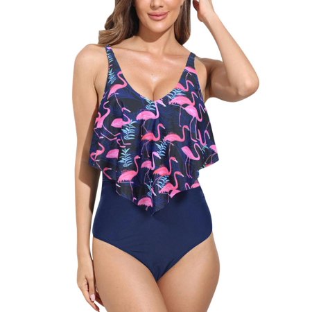 Womens One Piece Bathing Suit Loose Fit Swimwear Ruffled Vintage Swimsuits  S-XXL