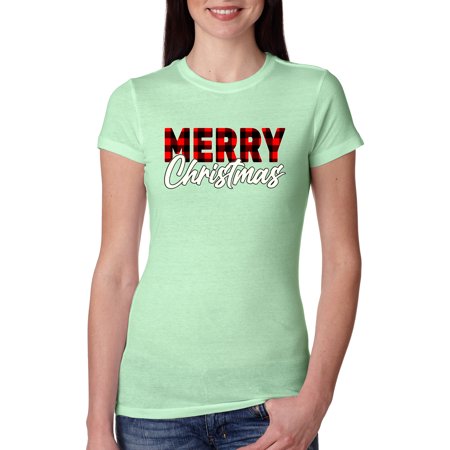 Wild Bobby Merry Christmas Buffalo Plaid Christmas Women Slim Fit Junior Tee  Mint  Medium