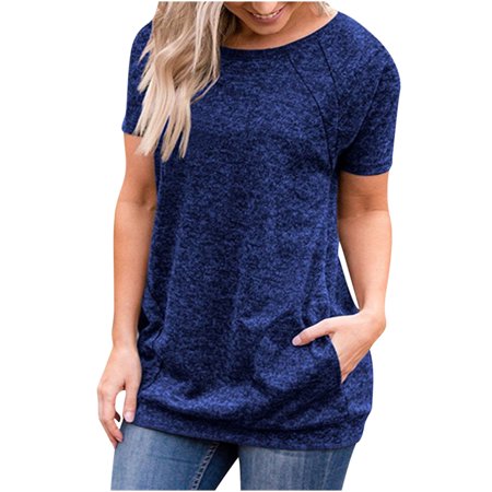 Onlywo Women S Casual Solid Color Tops Round Neck Stitching Short Sleeve Pocket Blouse Loose Sweat Absorb Sports T Shirt