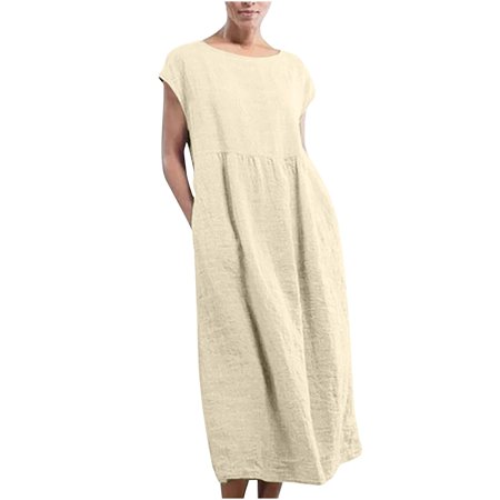 Womens Dresses Sun Dress Women’s Fashion Solid Sleeveless Round-neck Retro Long Dress Sundresses for Women 2518