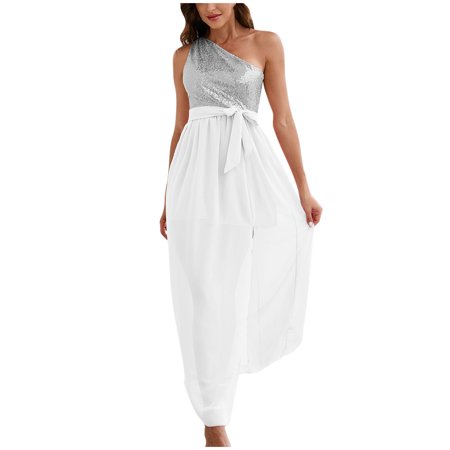 Womens Summer Dresses Casual Women Summer Dresses One Shoulder Dresses Casual Flowy High Low Sequin Maxi Dress Cute Sundresses for Women 0036