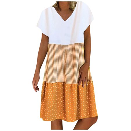 Dresses for Women  Spring Summer Fashion Women Casual Loose Stripe Dot Patchwork V-Neck Short Sleeves Dress Sun Dress 1455