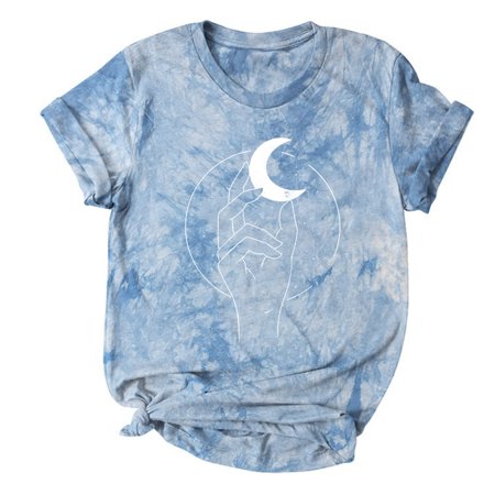 Onlywo Blouses for Women Trendy  Women S Casual Short Sleeve T Shirt Round Neck Moon Print Loose Pullover Tie Dye Print Trendy Comfy T Shirt Blouse