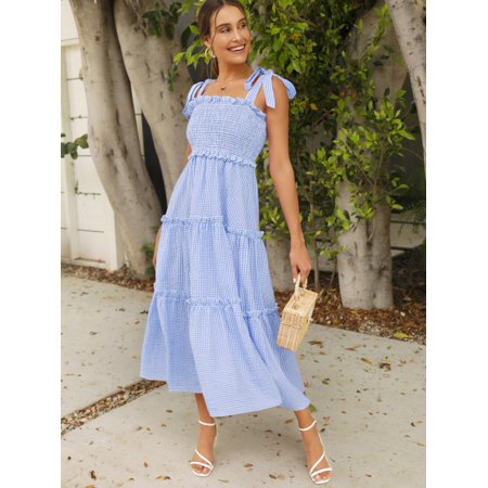 Blue and White Women S Tie Shoulder Shirred Panel Buffalo Plaid Layered Dress 2022 Boho M(6) S063D