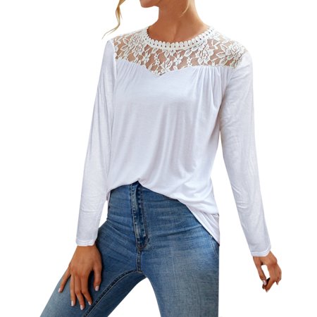 Womens Solid Lace Long Sleeve Lace Patchword O Neck T-Shirt Blouse Summer Sexy Workout T-Shirts Ladies Going Out Party Prom Tshirts A526-9335