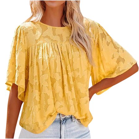 Onlywo Shirts for Women Trendy Casual  Women S Summer Flare Short Sleeve Blouse Casual Round Neck Floral Texture Print Loose Pleated Comfy Shirt Tops