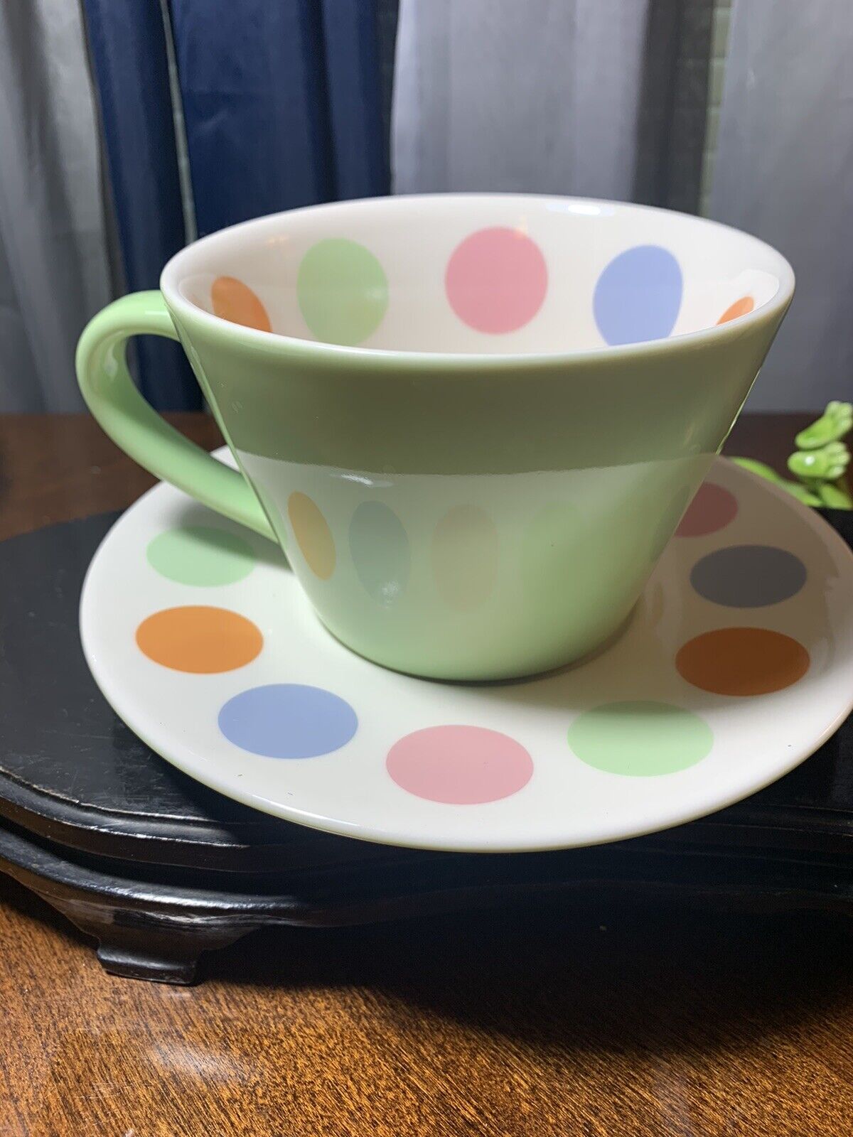 Starbucks 12 Ounce Mug Cup and Saucer 2006 Green & White Pink Orange Polka Dot