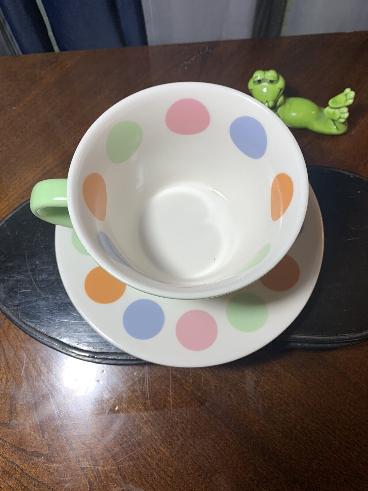 Starbucks 12 Ounce Mug Cup and Saucer 2006 Green & White Pink Orange Polka Dot thumbnail