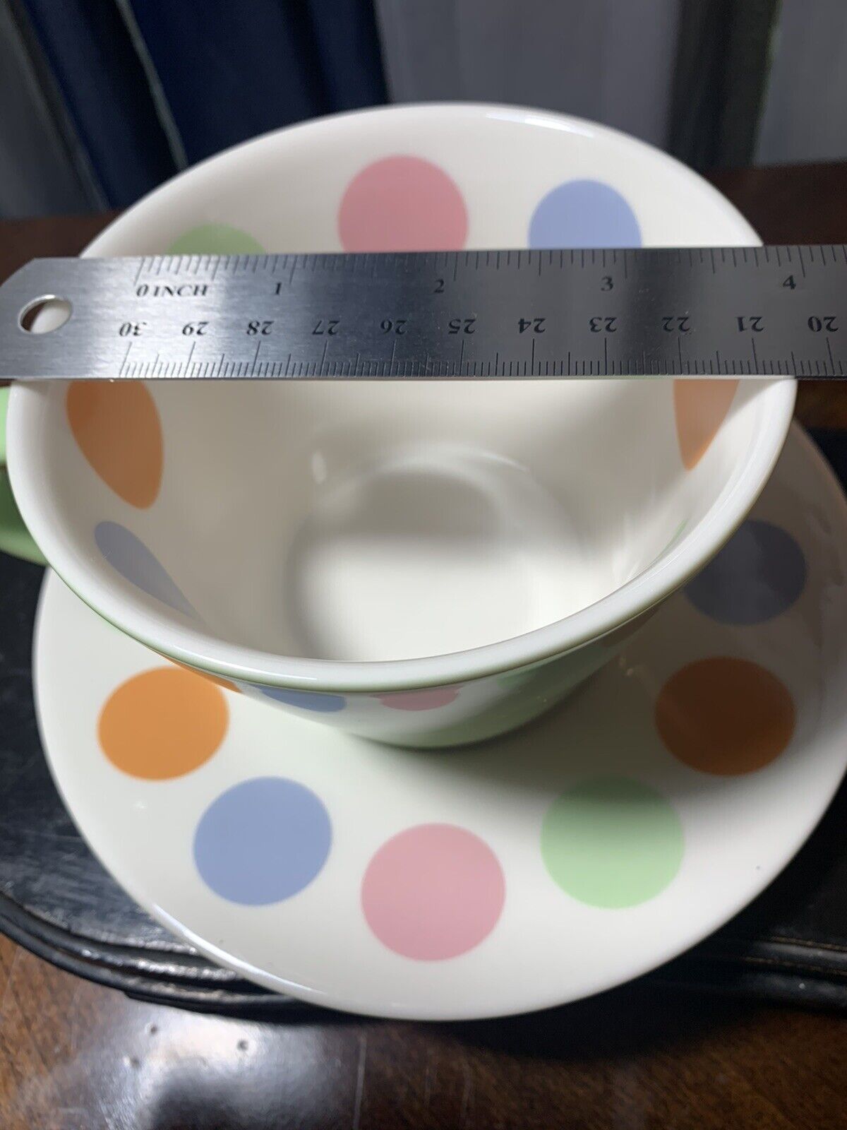 Starbucks 12 Ounce Mug Cup and Saucer 2006 Green & White Pink Orange Polka Dot thumbnail