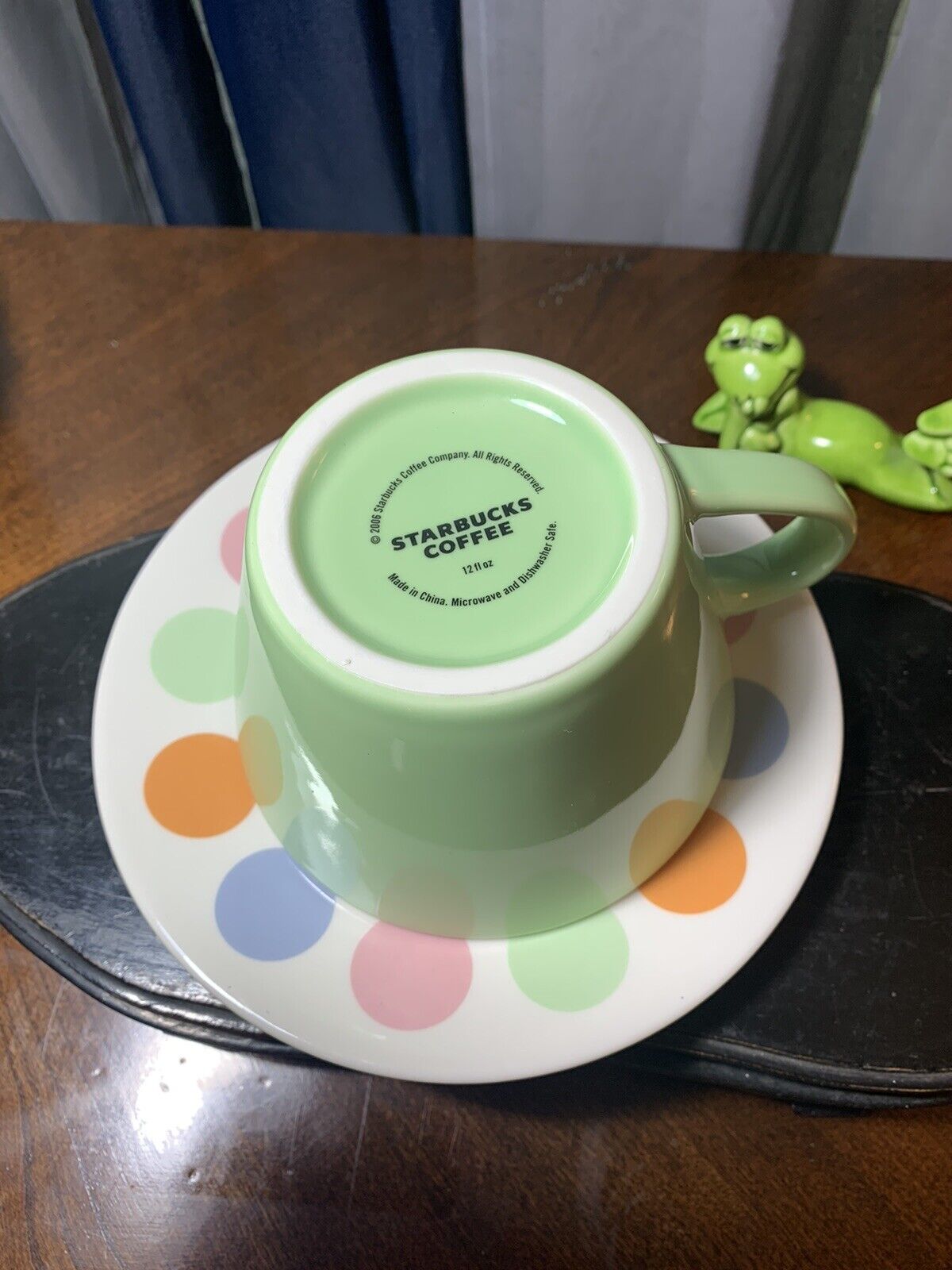 Starbucks 12 Ounce Mug Cup and Saucer 2006 Green & White Pink Orange Polka Dot thumbnail