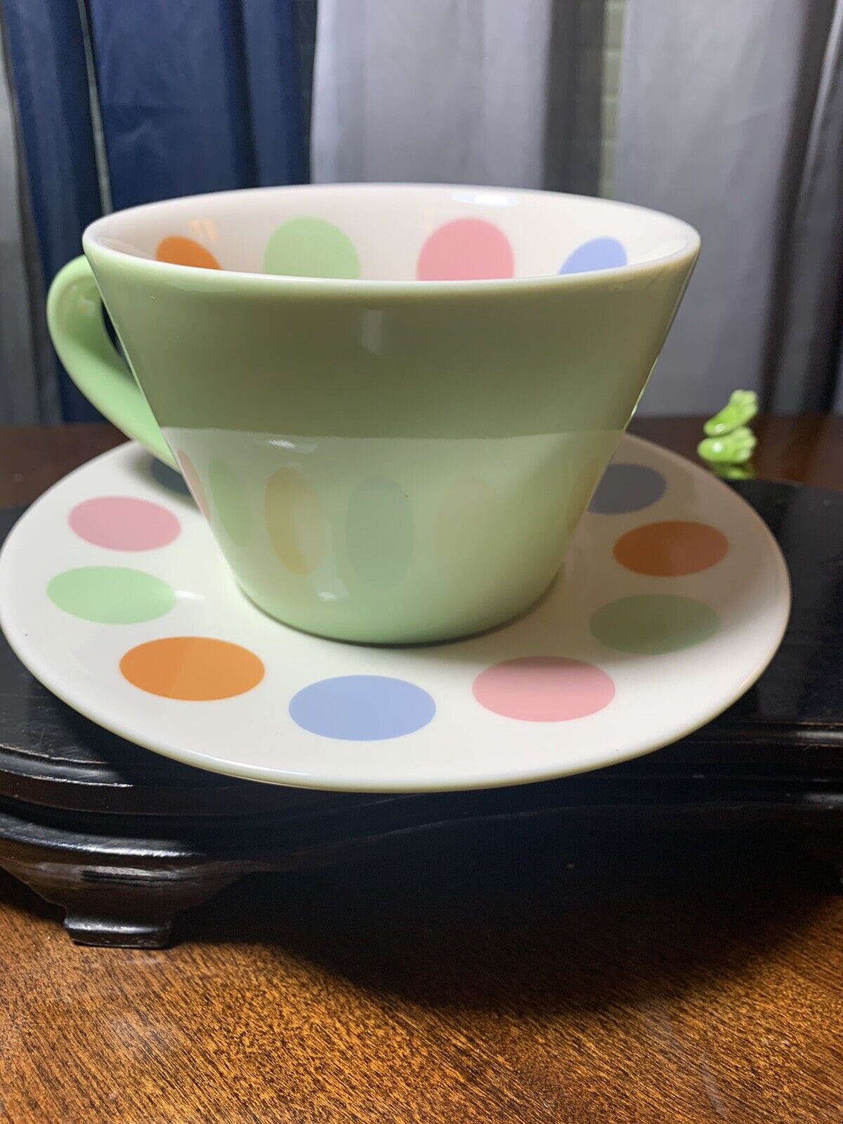Starbucks 12 Ounce Mug Cup and Saucer 2006 Green & White Pink Orange Polka Dot thumbnail