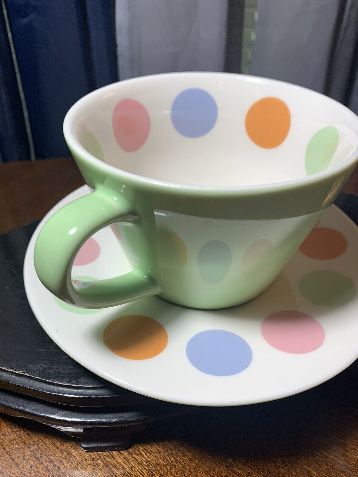 Starbucks 12 Ounce Mug Cup and Saucer 2006 Green & White Pink Orange Polka Dot thumbnail