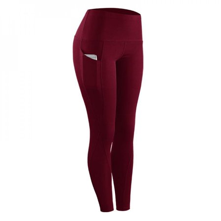MEROTABLE Women Pants Stretch Compression Sportswear Leggings with Pocket Red M