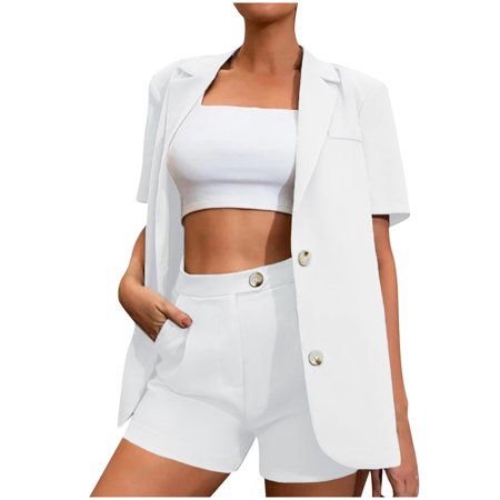 Onlywo Shirts for Women Trendy Casual  Women Solid Short Sleeve Suit Blouse Button Cardigan Coat + High Waist Pockets Short Pants Sets