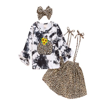 LA HIEBLA Baby Girls Halloween Tie-dye Embroidery Pumpkin Tops + Leopard Print Suspender Skirt + Headband Set