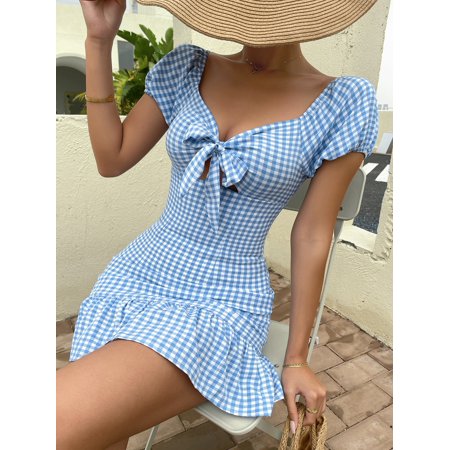 Boho Women S Tie Front Ruffle Hem Buffalo Plaid Dress 2022 Blue and White M(6) S063004X