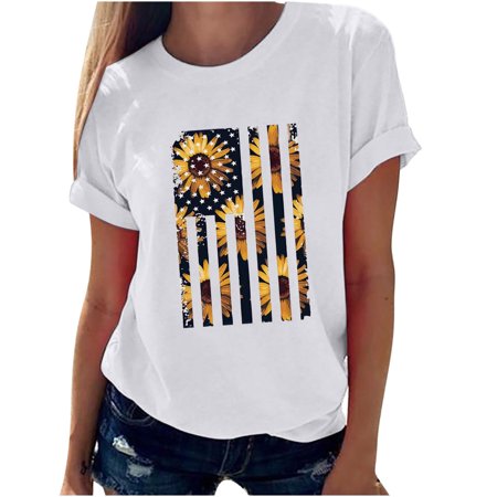Onlywo Shirts for Women Trendy Casual  Women S Summer Casual T Shirt Short Sleeve Crew Neck Loose Pullover Independence Day Print Trendy Comfy Tops