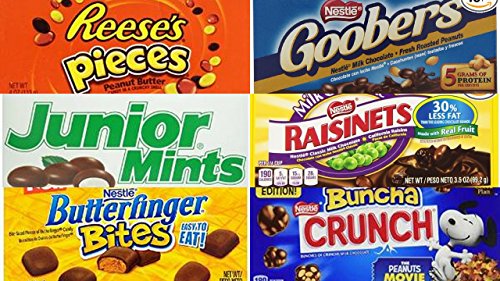 Movie Theater Candy Bundle (Pack of 6) Includes 1-Box of Nestle Crunch Buncha, 3.2 Oz + Butterfinger Bites, 3.5 Oz + Junior Mints, 4 Oz + Goobers, 3.5
