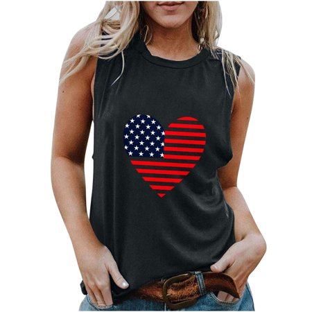 Onlywo Fashion Women Summer Sleeveless T Shirt Casual Independence Day Print Round Neck Tank Top Loose Comfy Vest Blouse