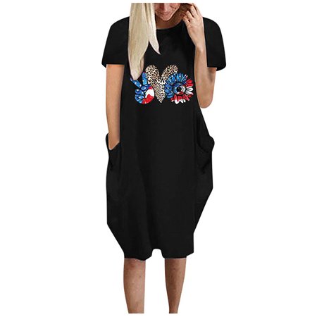 Womens American Flag T Shirt Dress Independence Day Print Casual Short Sleeve 4th of July Dress Round Neck Summer Dress with Pocket #0134