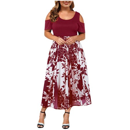 Womens Dresses 2022  Spring Summer Plus Size Women Sexy O-Neck Strapless Draw Back Lace Splicing Short Sleeve Dress Dress for Teens 0516