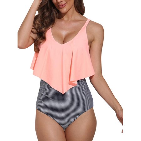 Womens One Piece Bathing Suit Loose Fit Swimwear Ruffled Vintage Swimsuits  S-XXL