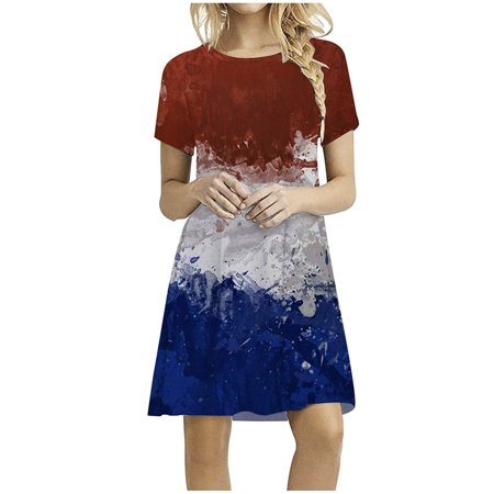4th of July Dress for Women Summer Short Sleeve American Flag Printed Independence Day Print Mini Dress for Beach #0036