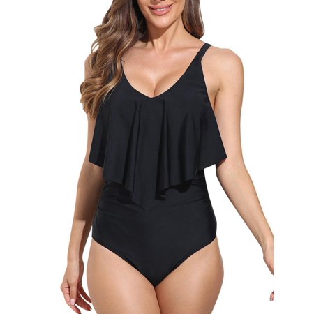 Womens One Piece Bathing Suit Loose Fit Swimwear Ruffled Vintage Swimsuits  S-XXL