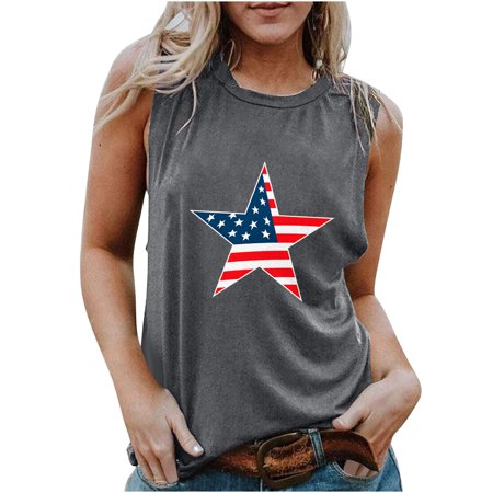 Onlywo Independence Day Tops for Women Casual Sleeveless Round Neck Loose T Shirt Trendy Comfortable Tank Top Blouse