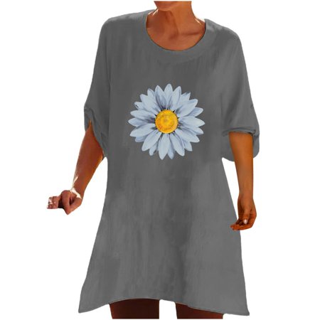Onlywo Blouses for Women Trendy  Women S Casual Cotton Linen Short Sleeve Tops Round Neck Loose Plus Size Pullover Floral Print Trendy Comfy Blouse