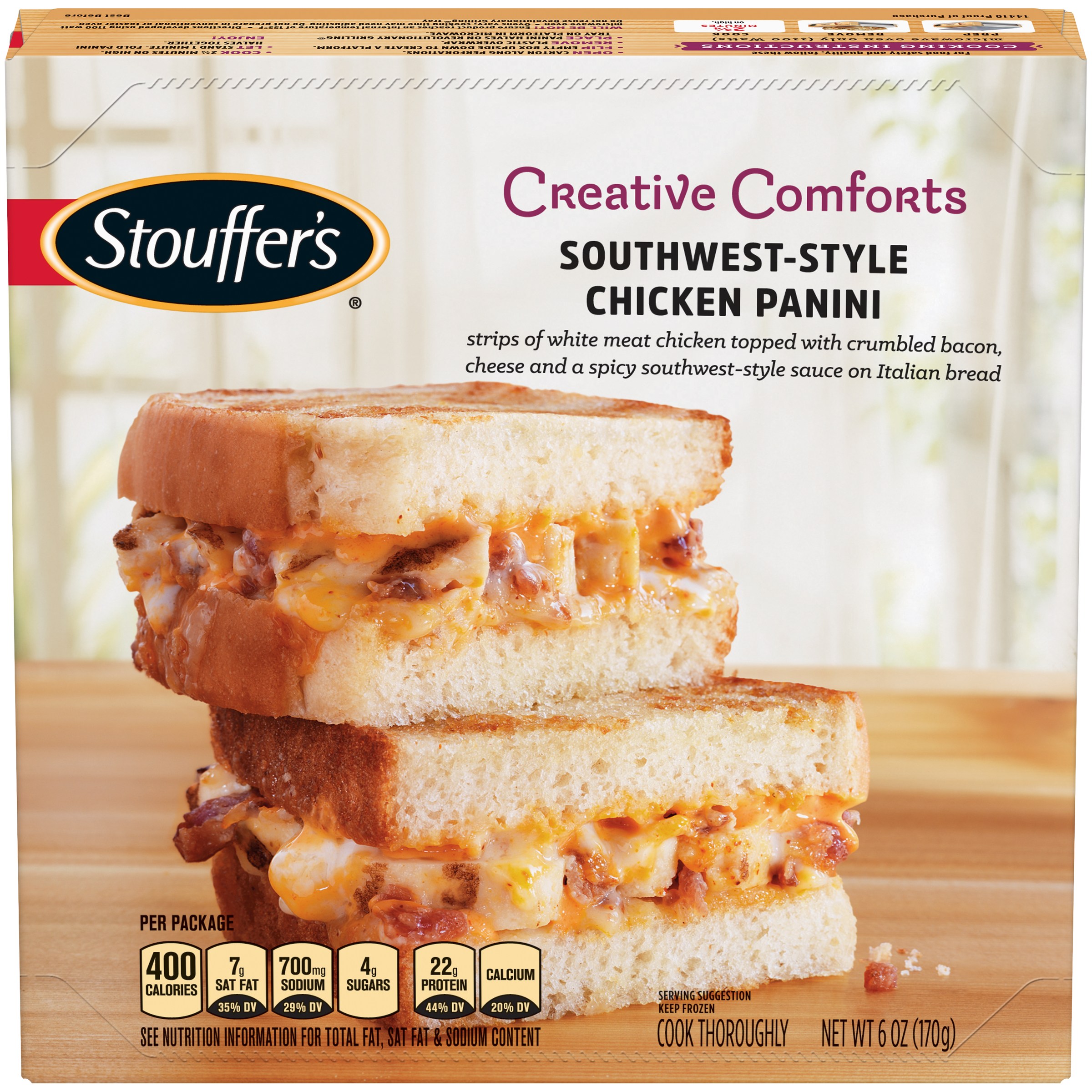 SOUTHWEST-STYLE CHICKEN PANINI STRIPS OF WHITE MEAT CHICKEN TOPPED WITH CRUMBLED BACON, CHEESE AND A SPICY SOUTHWEST-STYLE SAUCE ON ITALIAN BREAD, SOUTHWEST-STYLE CHICKEN PANINI