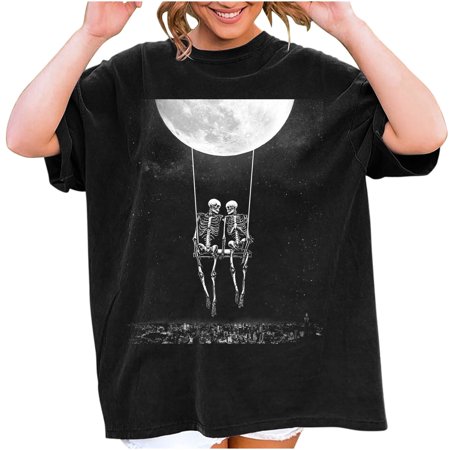 Onlywo Summer Tops for Women Casual  Women S Vintage Drop Shoulder Short Sleeve Tops Round Neck Loose Comfy Pullover Skull Moon Print Trendy T Shirt B