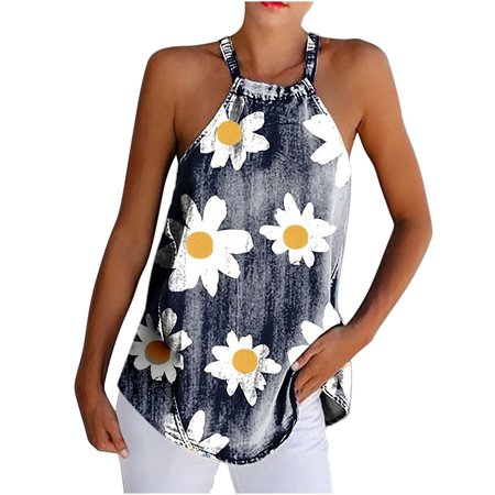 Onlywo Shirts for Women Trendy Casual  Women S Summer Casual Sleeveless Tops Sexy Off Shoulder Halter Neck T Shirt Floral Print Trendy Loose Comfy Blo