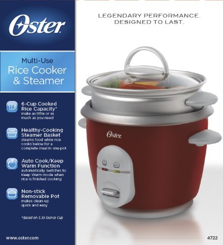 Oster 4722 3-Cup Uncooked Resulting in 6-Cup Cooked Rice Cooker with Steaming Tray, Red thumbnail