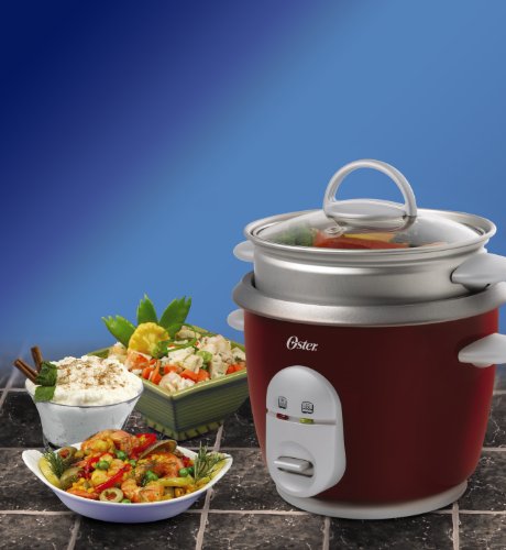 Oster 4722 3-Cup Uncooked Resulting in 6-Cup Cooked Rice Cooker with Steaming Tray, Red thumbnail
