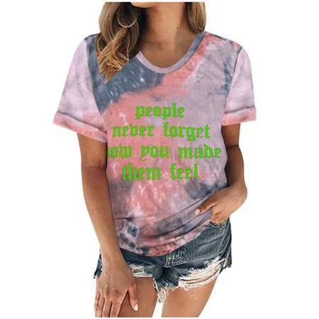 Onlywo Summer Tops for Women Casual  Women S Summer Casual Short Sleeve T Shirt Round Neck Letter Print Tie Dye T Shirt Blouse Trendy Loose Pullover