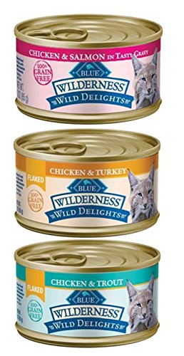 Blue Buffalo Wilderness Wild Delights Grain Free Natural Cat Food 3 Flavor Variety 6 Can Bundle: (2) Flaked Chicken/Turkey/Gravy, (2) Chicken/Salmon/G
