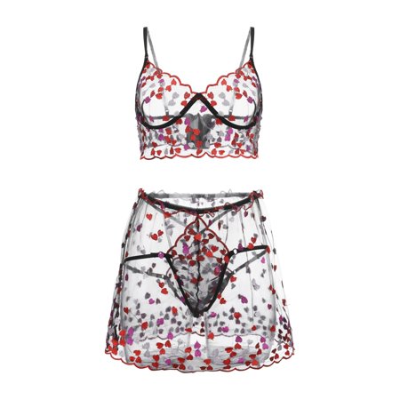 Roliyen Love Embroidery Bra G-String Sleepwear Underwear Women Lingerie Small Skirt