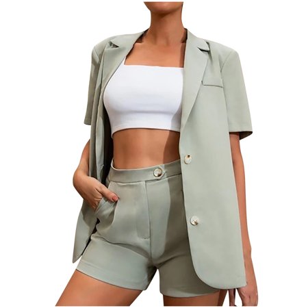 Onlywo Tops for Women Casual SummerWomen Solid Short Sleeve Suit Blouse Button Cardigan Coat + High Waist Pockets Short Pants Sets
